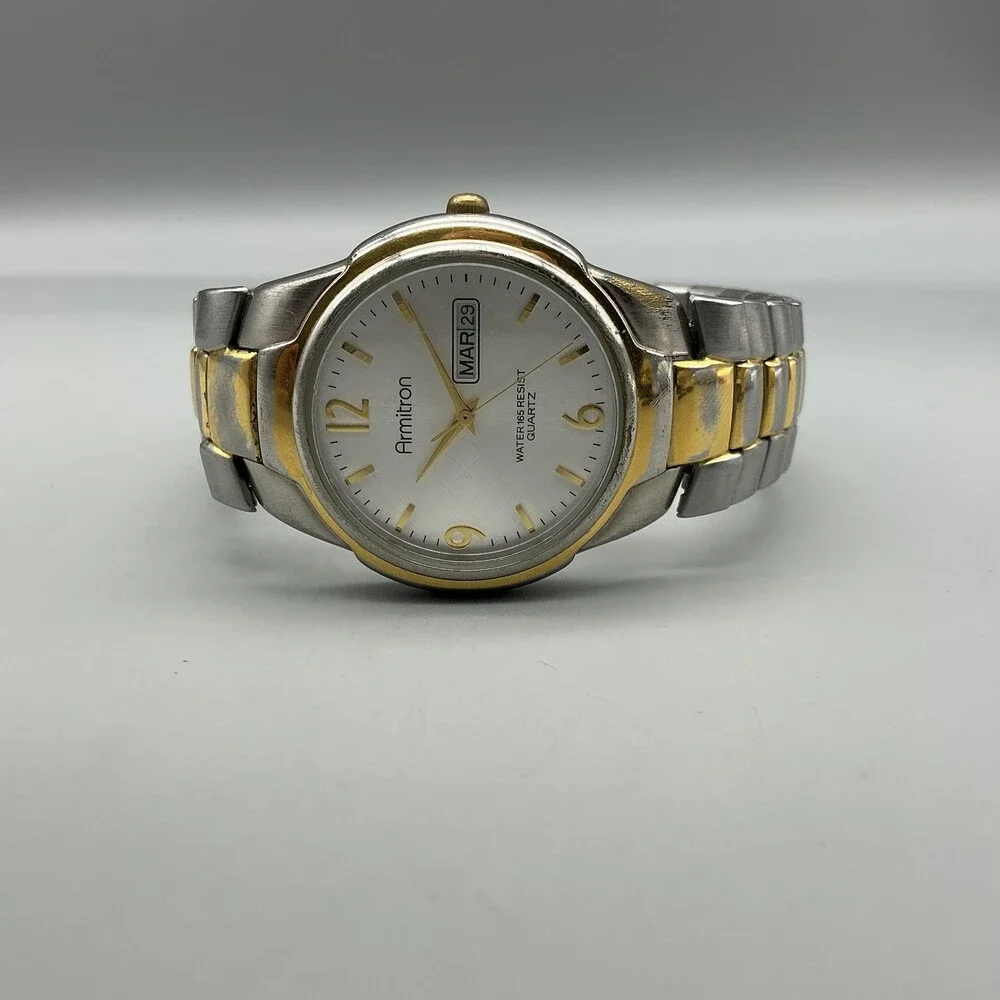 Armitron Mens Watch 36mm Gold Silver Tone Expansion Band Day Date New Battery